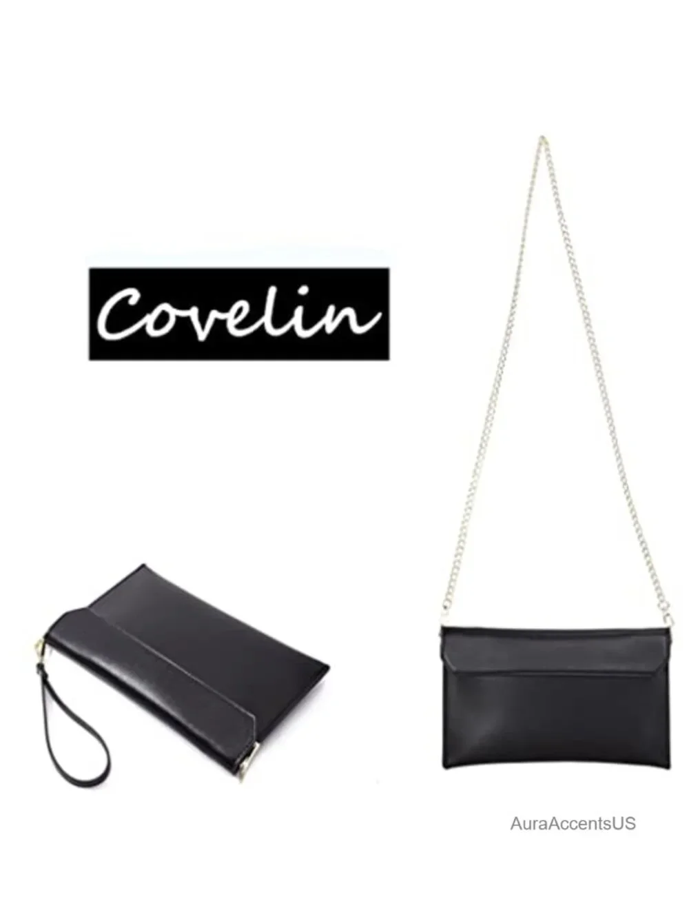 Leather Envelope Wristlet Clutch Evening Shoulder Bag with Chain